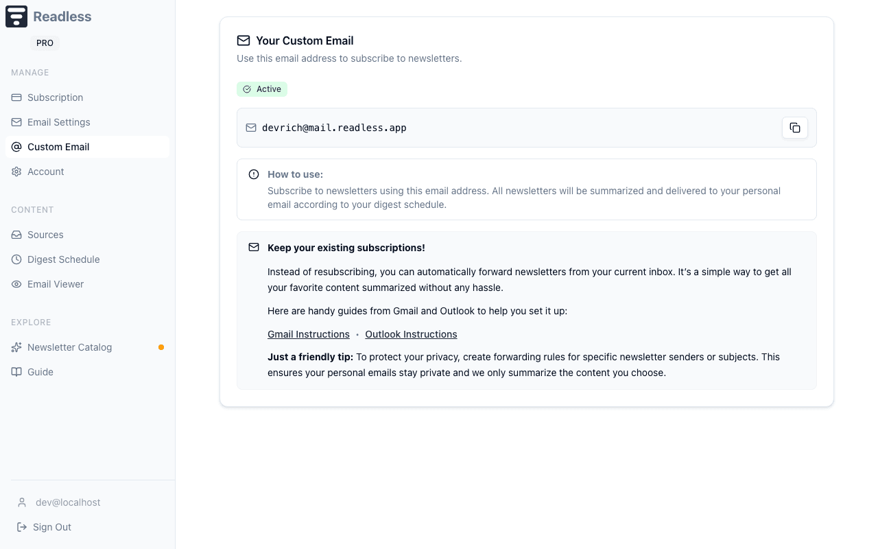 Custom Email view showing generated address