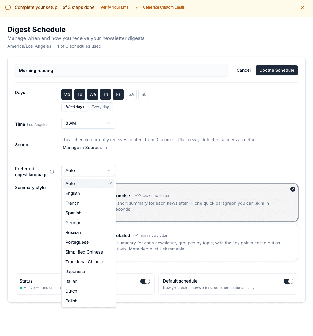 Preferred digest language selector in the schedule edit form, showing Auto and the supported output languages