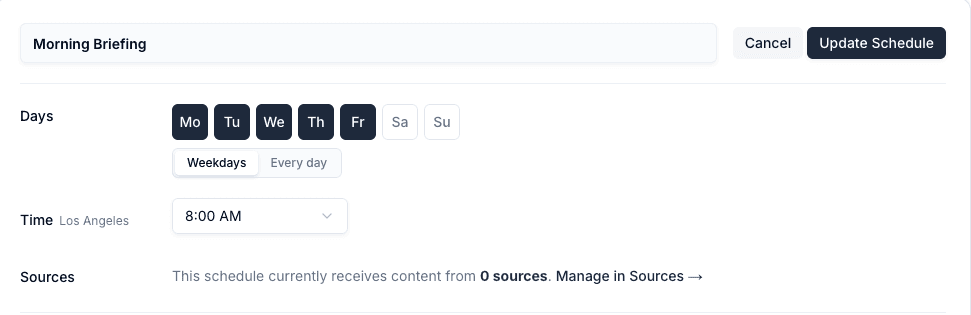 Schedule edit form with the schedule name, weekday picker, delivery time, and sources