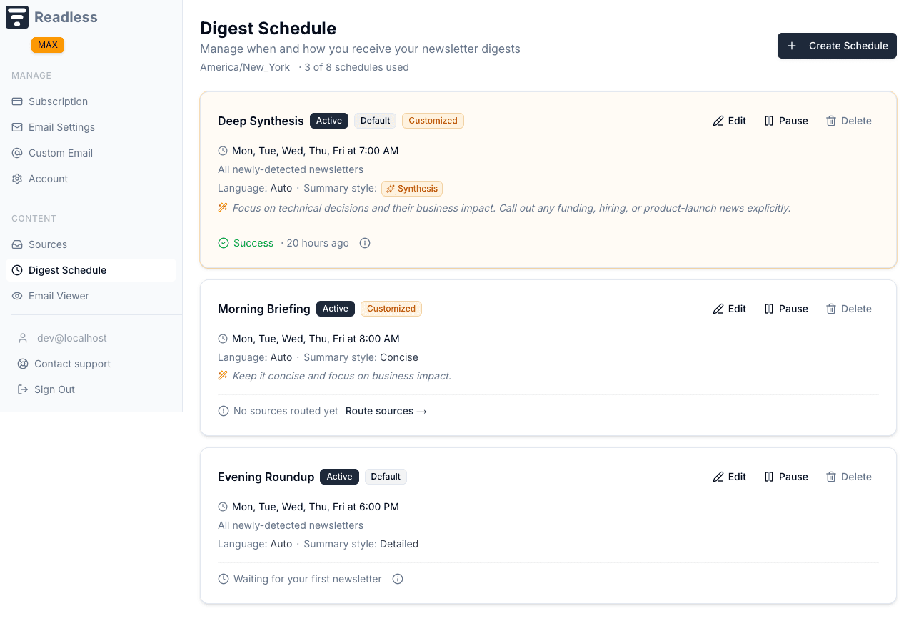 Digest Schedule page listing three schedules with badges and source previews