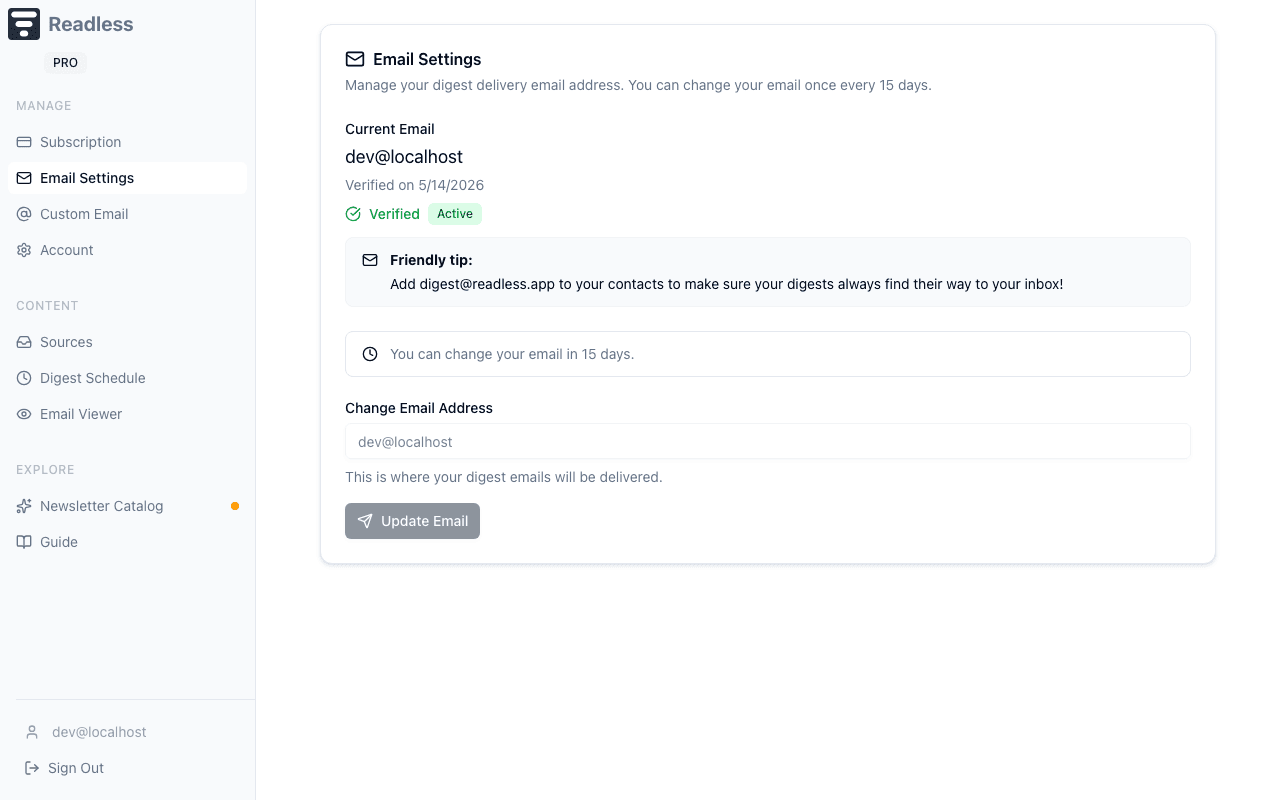 Email Settings showing verified delivery email