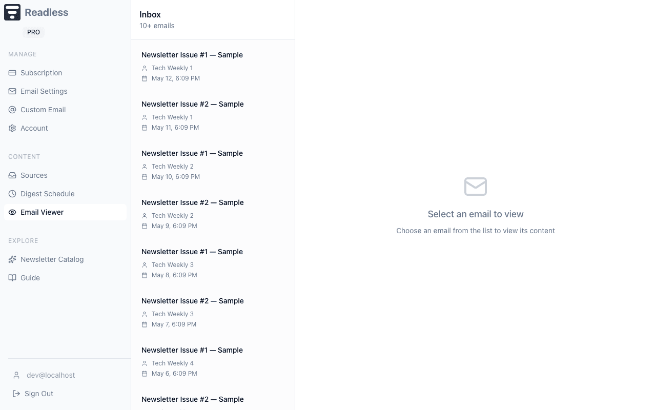 Email Viewer showing received newsletter emails