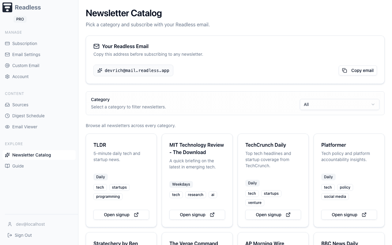 Newsletter Catalog showing curated newsletter listings