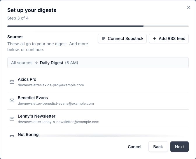 Setup wizard routing step listing sources that flow into the digest