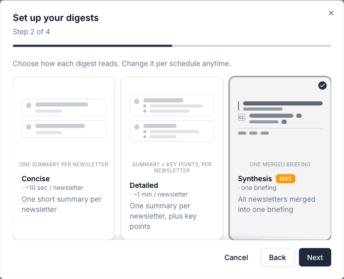 Setup wizard style step showing Concise, Detailed, and Synthesis cards with Synthesis selected