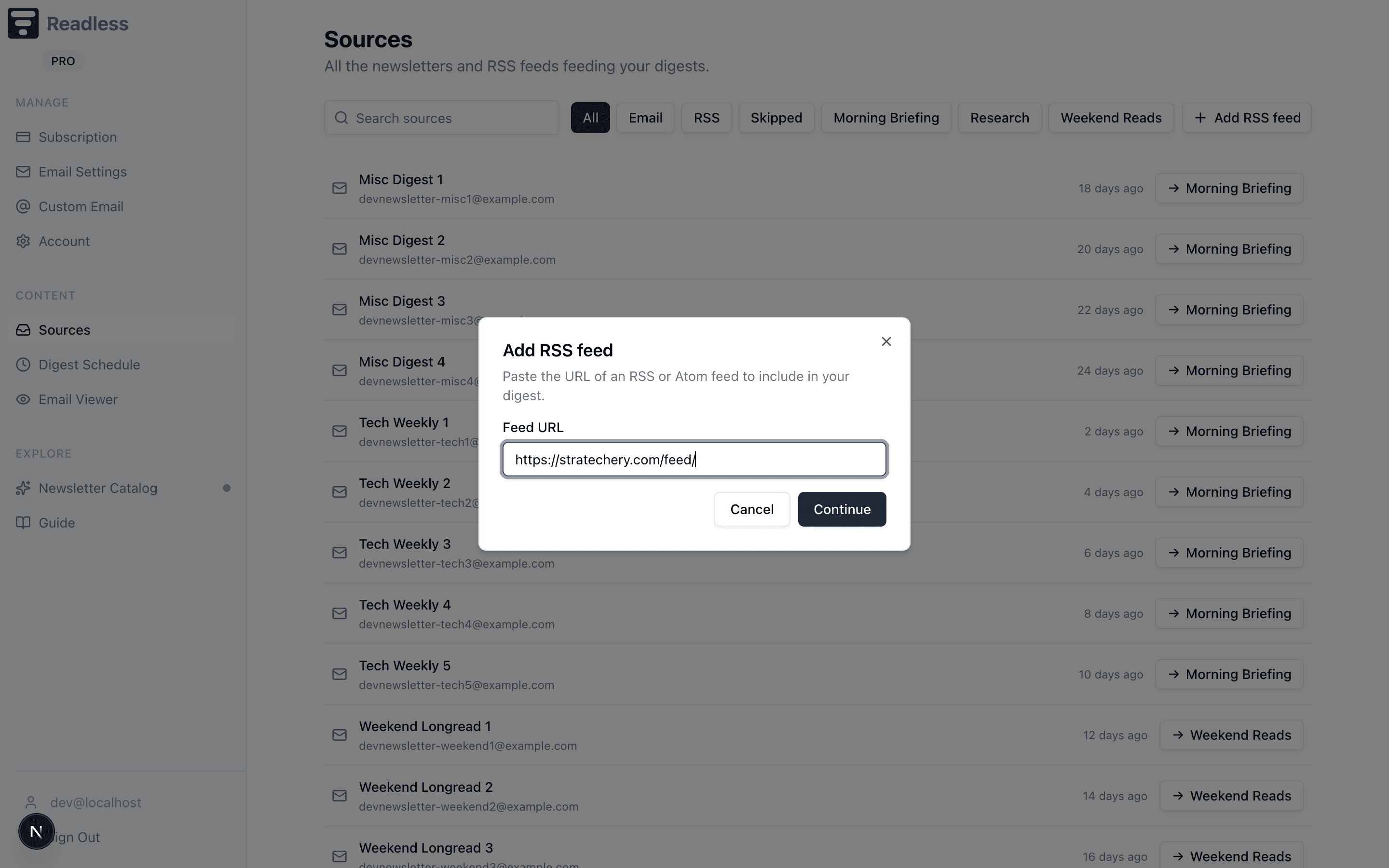 Add RSS feed dialog with a feed URL input