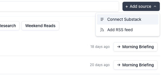 + Add source menu open with Connect Substack and Add RSS feed options