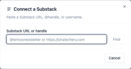 Connect Substack dialog with an empty Substack URL or handle input