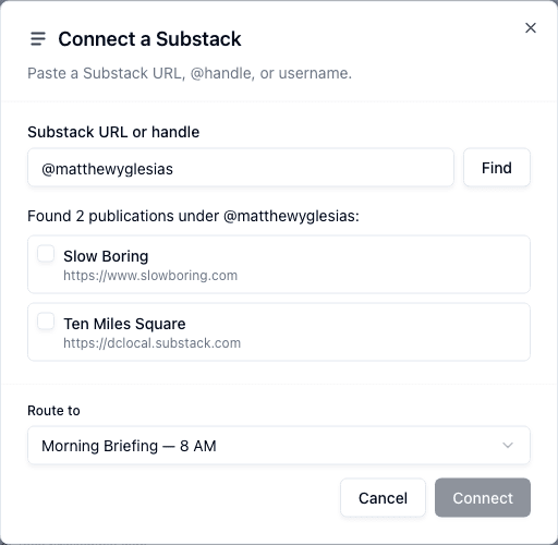 Connect Substack dialog showing two publications under @matthewyglesias with checkboxes