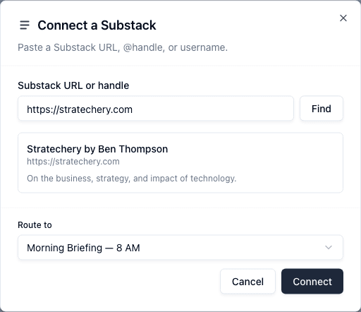 Connect Substack dialog showing a preview card for Stratechery with a Route to schedule selector