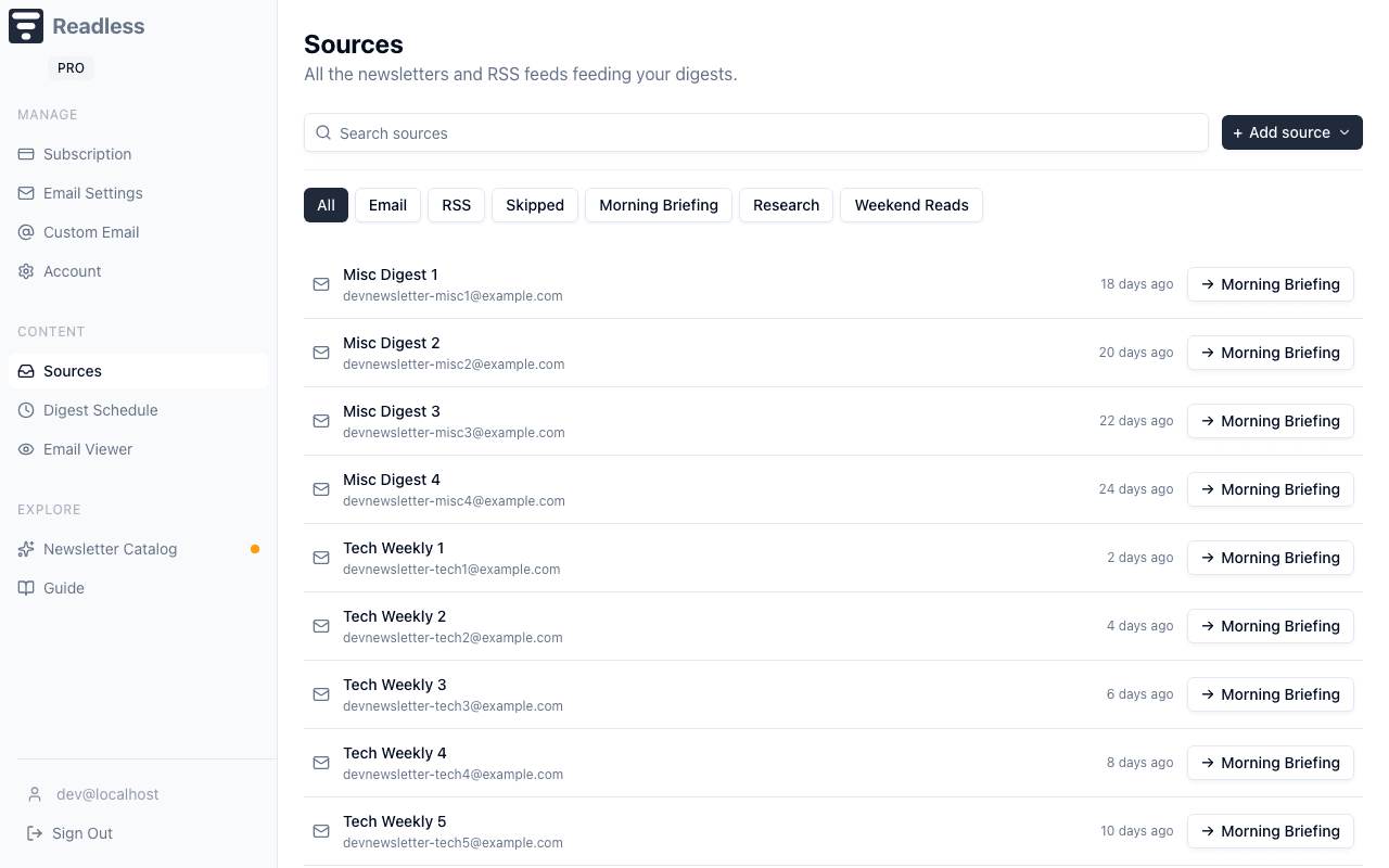 Sources page listing newsletter senders and RSS feeds with routing pills