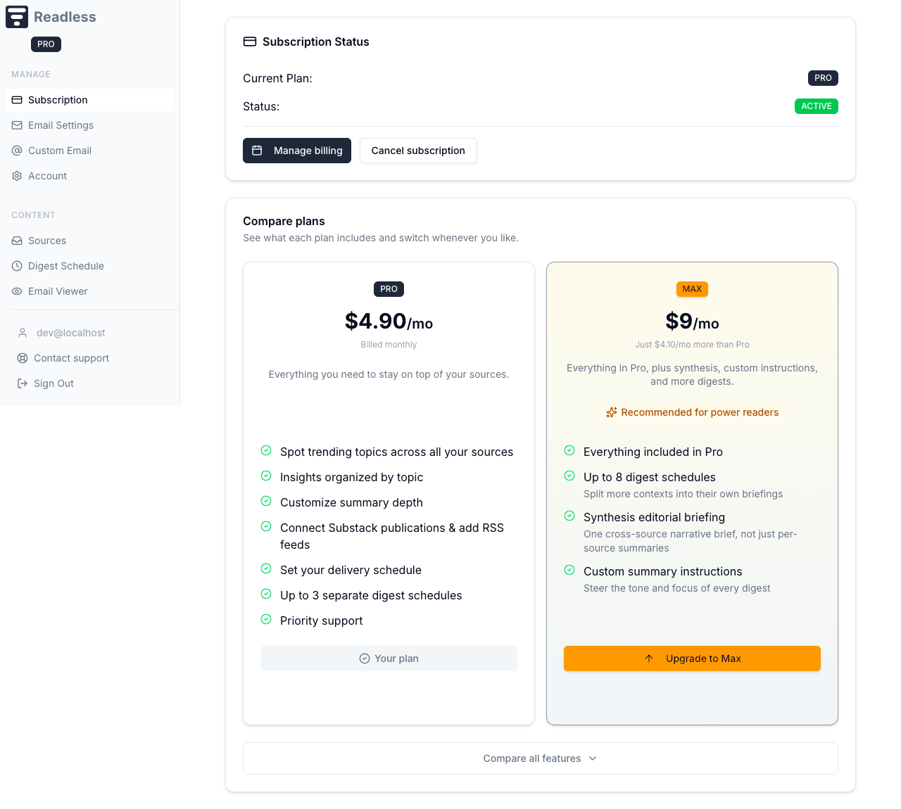 Readless dashboard showing subscription overview