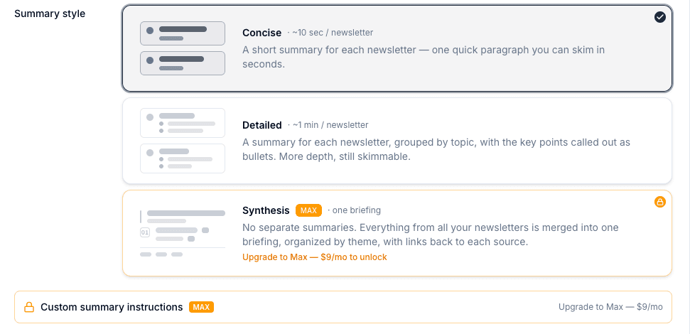 The schedule form on a Pro account showing the Synthesis card locked and a Custom summary instructions upgrade row