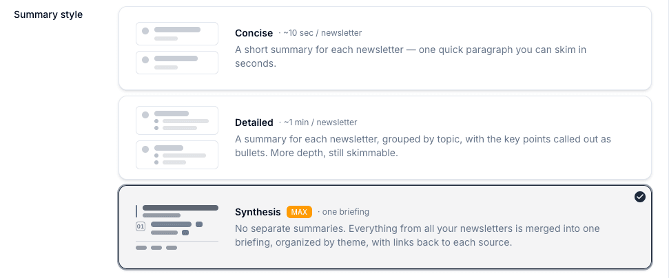 Summary style picker showing Concise, Detailed, and Synthesis cards with Synthesis selected and marked MAX